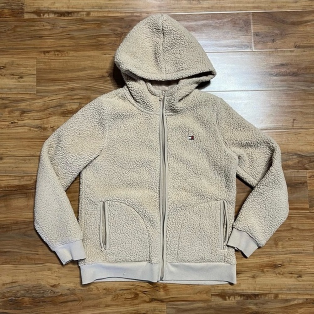 Tommy Hilfiger Sherpa Zip Hoodie‎ Women's Small Tan Long Sleeve Fuzzy Soft Warm